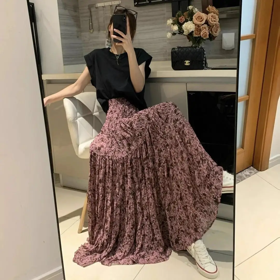 2026 Women Summer MIDI Skirts Fashion Vintage Floral Print Elastic Waist Loose Female Elegant Street Skirt Clothing Beach S410