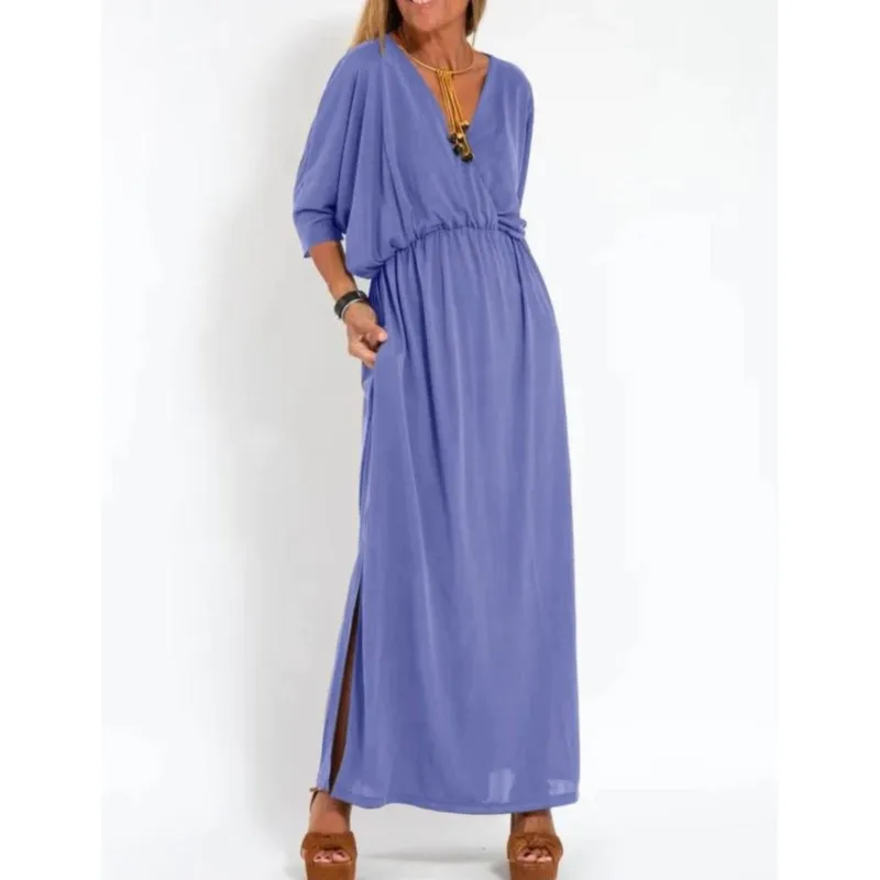 2025 Summer Women's New Fashion Dresses Solid Color High Waist Sexy Split V-neck Short Sleeve With Pocket Casual Female Vestidos