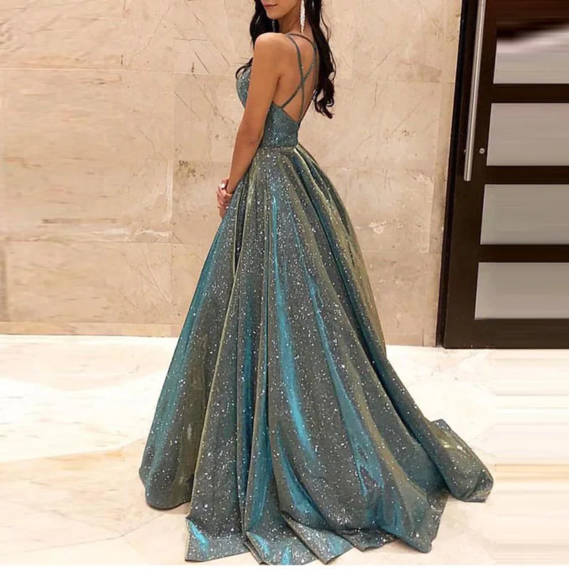 Lady Formal Occasion Glitter Sequins Dresses Sexy Elegant Backless Sleeveless Party Evening Dress New Women Waisted A-line Dress