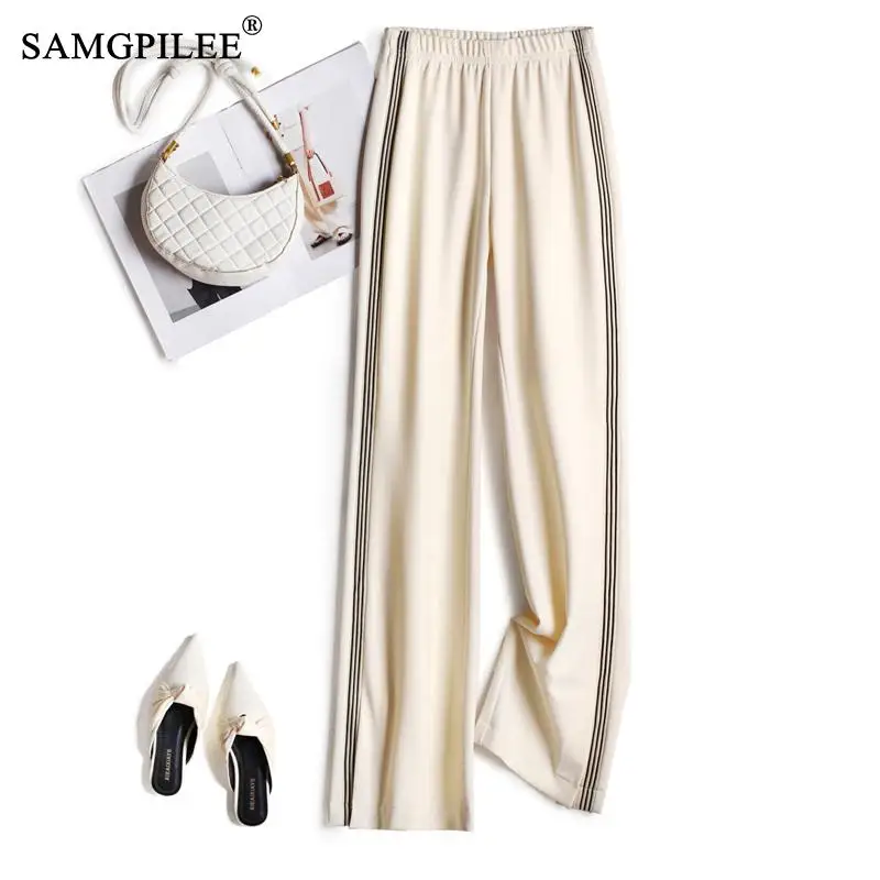 

Y2k Streetwear Comfortable Wide Leg Pants Elastic Waist Side Stripes Sports Style Trousers Show Legs Long Summer Women's Pants