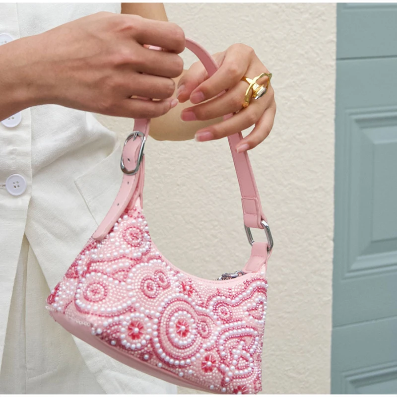 Luxuriöse Perlenverzierte Handgefertigte Stofftasche mit Blumenmuster, Vintage-Handtasche, Elegante Leichte Abendtasche für Damen – Detail 9
