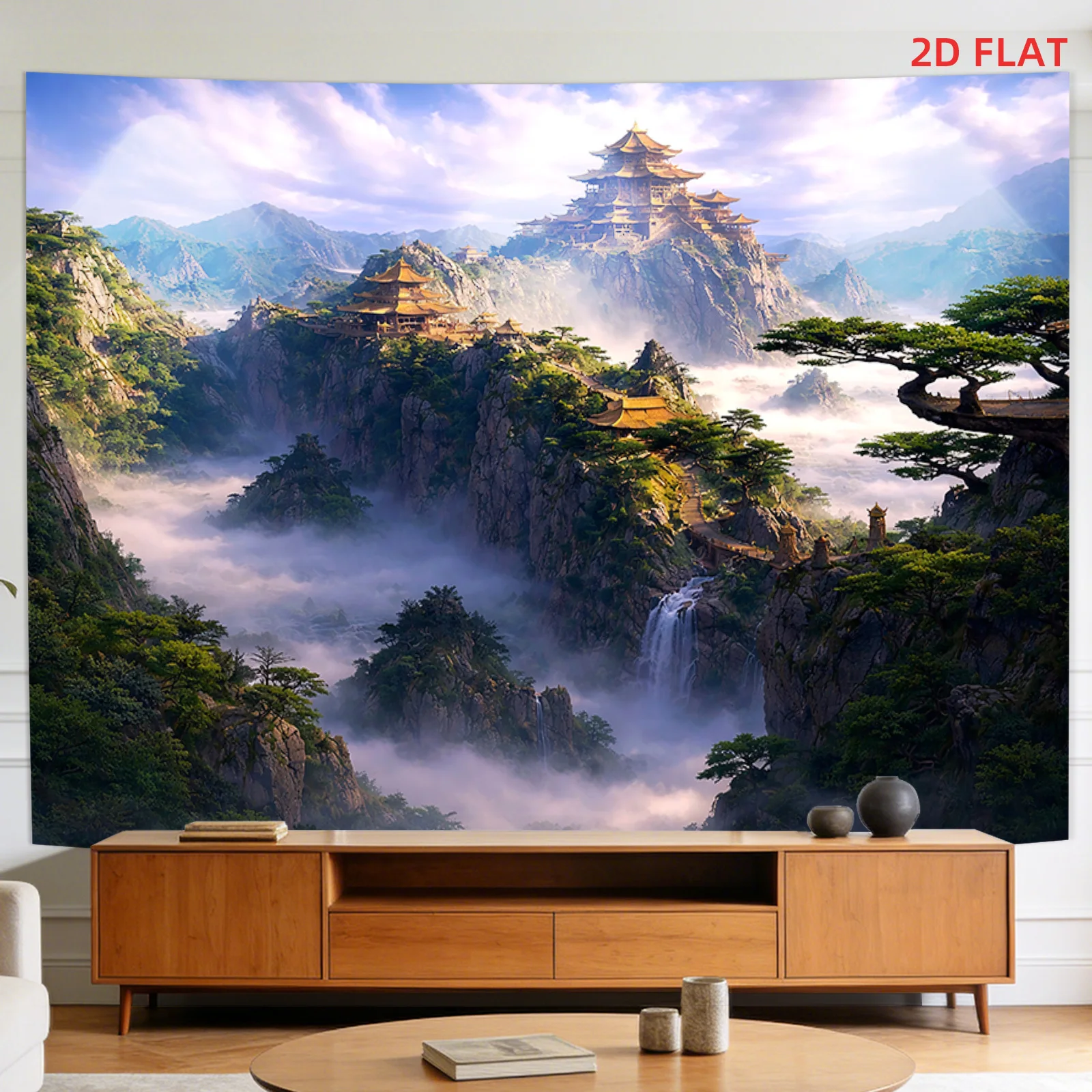 Beautiful Polyester Wall Tapestry Large Chinese Mountain Landscape Art Print Misty Panoramic Asian Scenery Decor for Living Room