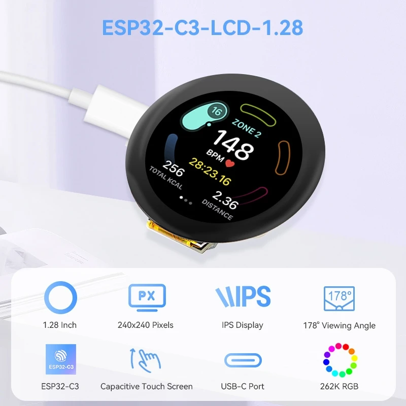 CrowPanel 1,28 inch rond IPS LCD-scherm capacitief touch-SPI-scherm 240*240 ESP32-C3 voor LVGL/PlatformIO/Micro Python