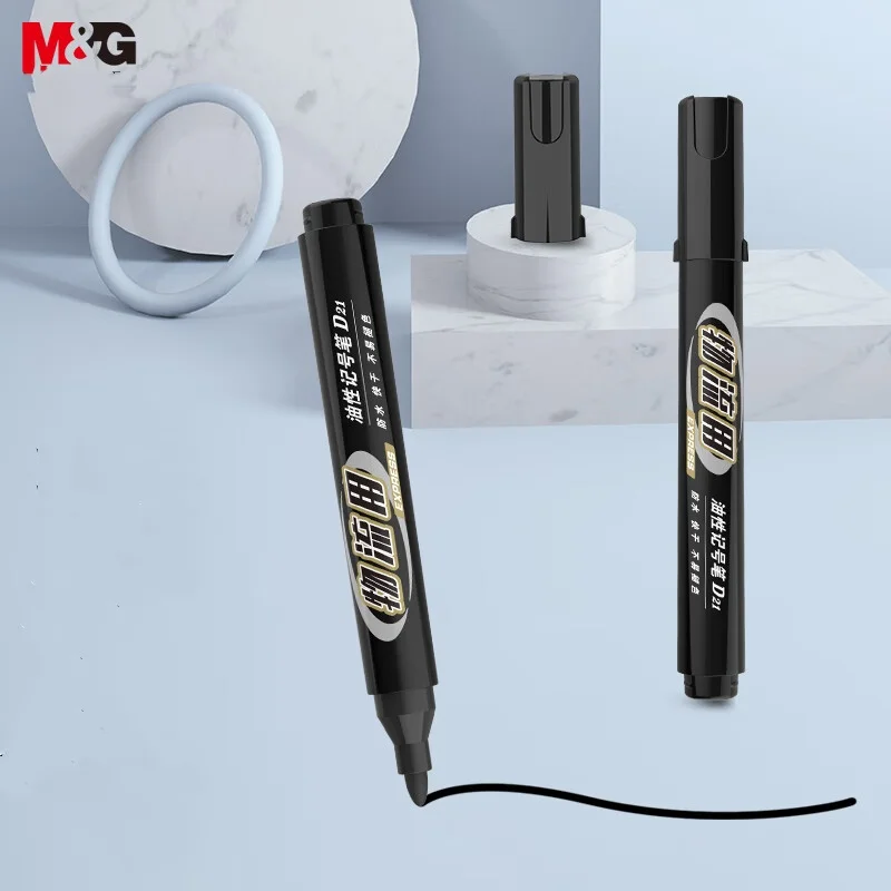 M & G 10 قطعة أقلام تحديد ذات أطراف واسعة سوداء علامات دائمة تعتمد على الزيت للوجستيات المكتبية طرف رصاصة كبير