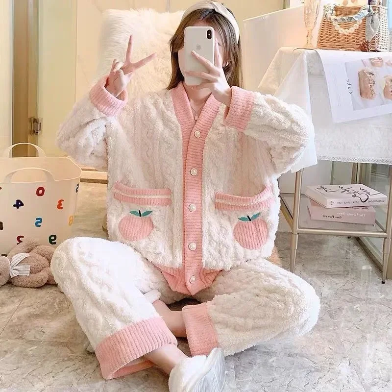 2024 New Coral Velvet Pajamas Women Autumn Winter Long-sleeved Loungewear Bow Jacquard Thickened Warm Homewear Two-piece Suit