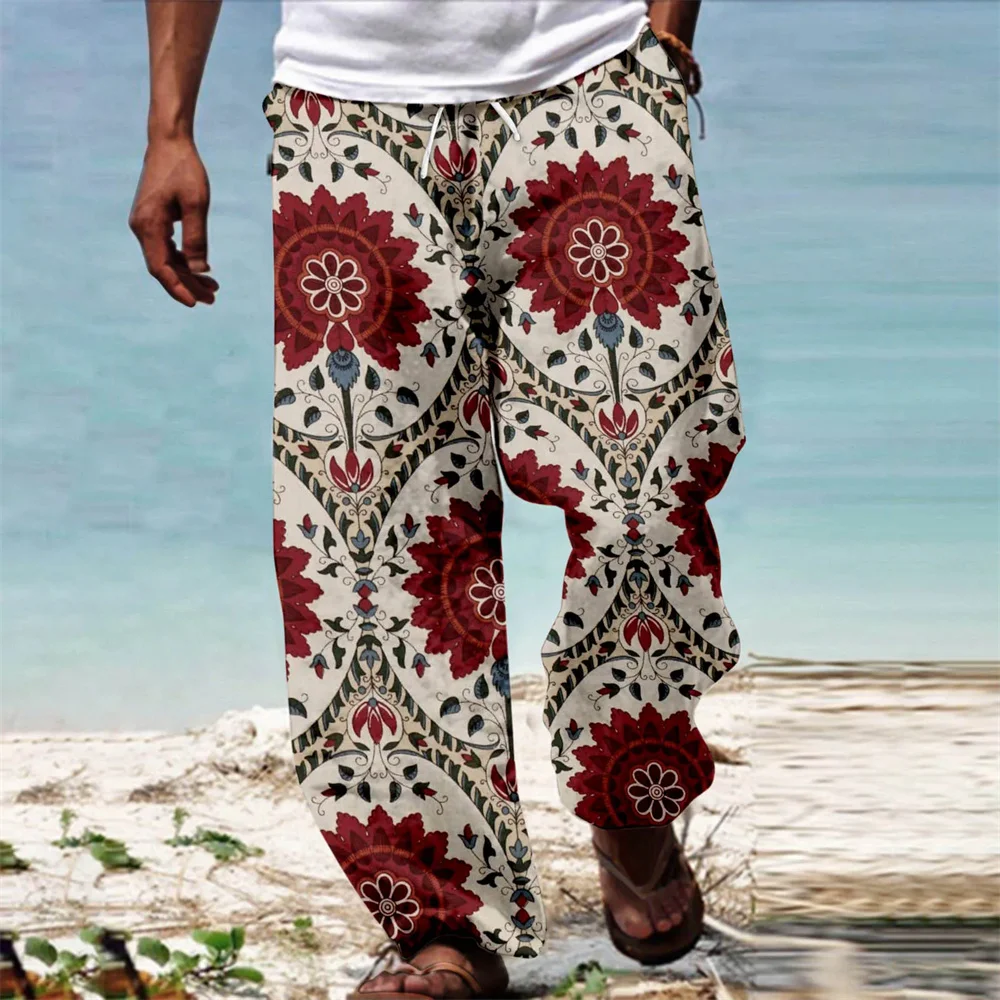 Men African Dashiki Traditional Style Casual Trouser Summer Hawaii Holiday Ankara Beach Drawstring Wide Leg Straight Pants