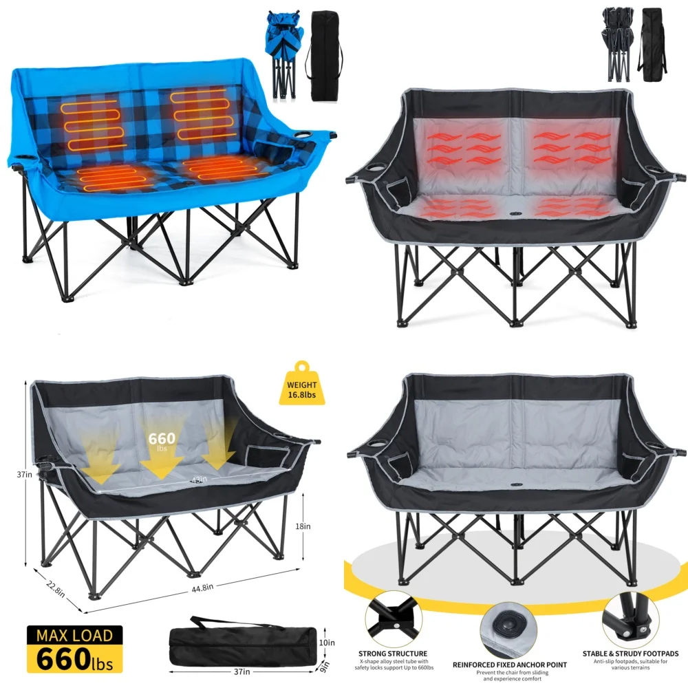 

camping chairHeated Double Camping Chair with 3 Heat Levels Fully Padded Electric Warm Outdoor Portable Couples Seat for Winter