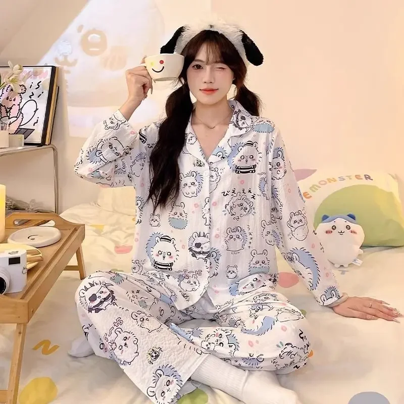 

Cartoon Cute Chiikawa Momonga Anime Women Pajamas Loose Casual Lapel Long Sleeve Cardigan Set Spring Autumn Comfortable Homewear