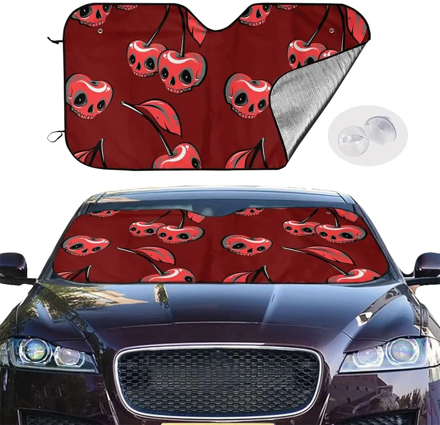 Red Cherry Skulls Pattern Sun Shade Front Window Sunshade for Most Sedans SUV Blocks Max Uv Rays and Keep Your Vehicle Cool