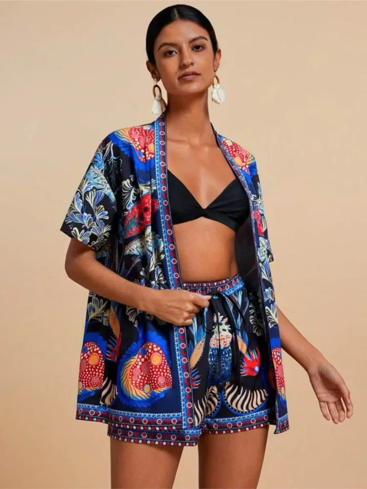

Fashion Short-sleeved Cardigan Top + Wide-leg Shorts 2-piece Set For Women Summer Ethnic Style Printing Loose Boho Suits Female