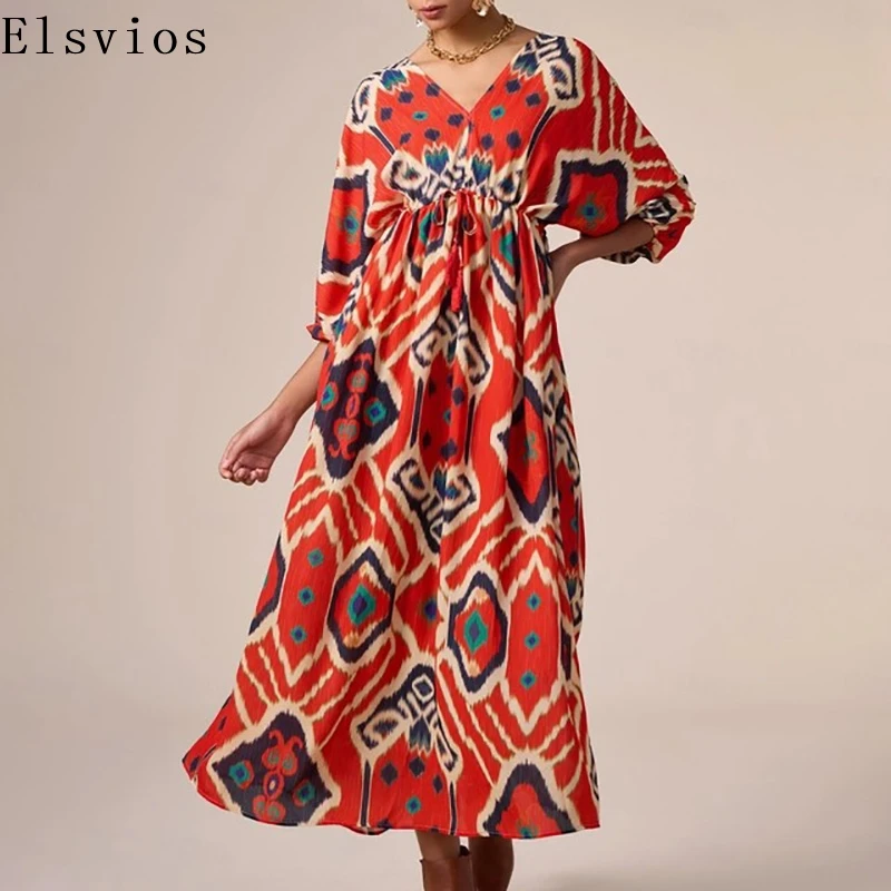 

Ladies Casual V-Neck Bohemian Dress Summer Elegant High Waist Pleat Party Dress All Match 3/4 Sleeve Graphic Long Dress Mujer