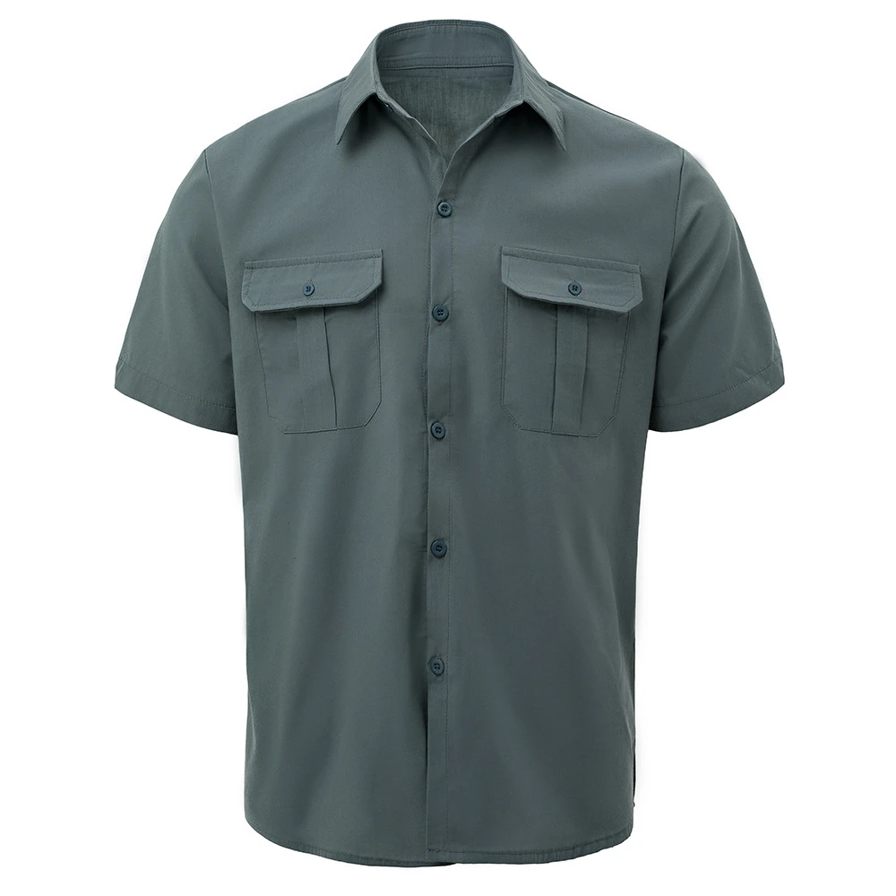 Mens Short Sleeve T-Shirt Casual Two Pockets Classic Work Shirts Lightweight Button Down Shirts Beach Board Summer Fishing Tops