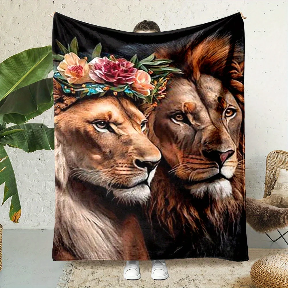 Wildlife Lion Print Throw Blanket, Reversible, Contemporary Style, Mixed Colors, Polyester Flannel, Digital Print, All-Season, N