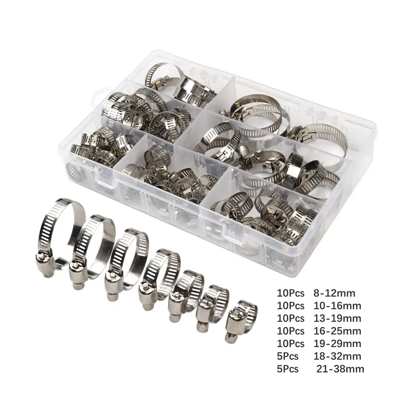 

60pcs Stainless Steel Adjustable Drive Hose Clamp Assortment Kit For Various Pipes Tube Clip Automotive Fuel Pipe 8mm-38mm