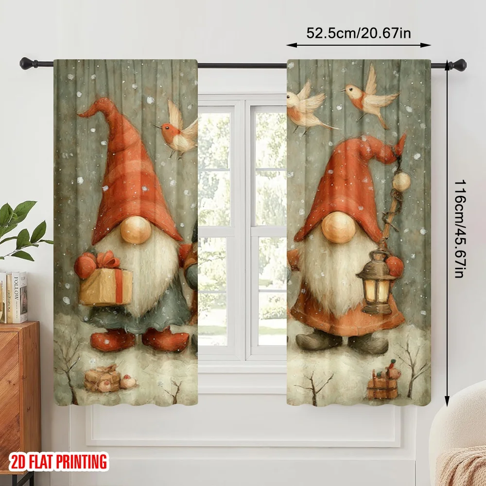 2pcs,2D plane printing Curtain Popular Merry Christmas Winter midget decoration with red hat Versatile 100% Polyester (without