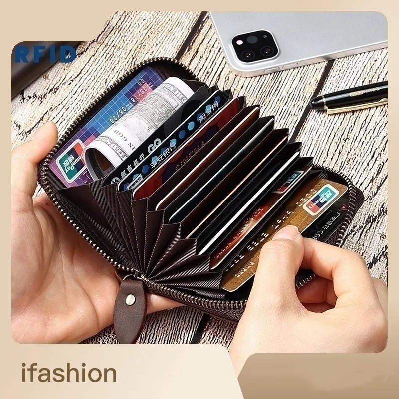 

Crazy Horse RFID Anti Magnetic Card Bag Large Capacity Card Holder Organ Bag Clip Multi Card Genuine Leather Coin Wallet