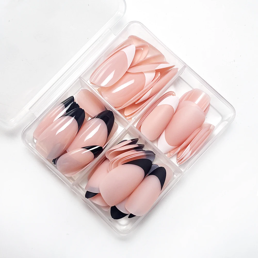 96pcs Upgraded French Tips Press on Nail Tips Matte/Glossy Pre-French Black White Smile Guide Pre-applied Fake Nail Extension