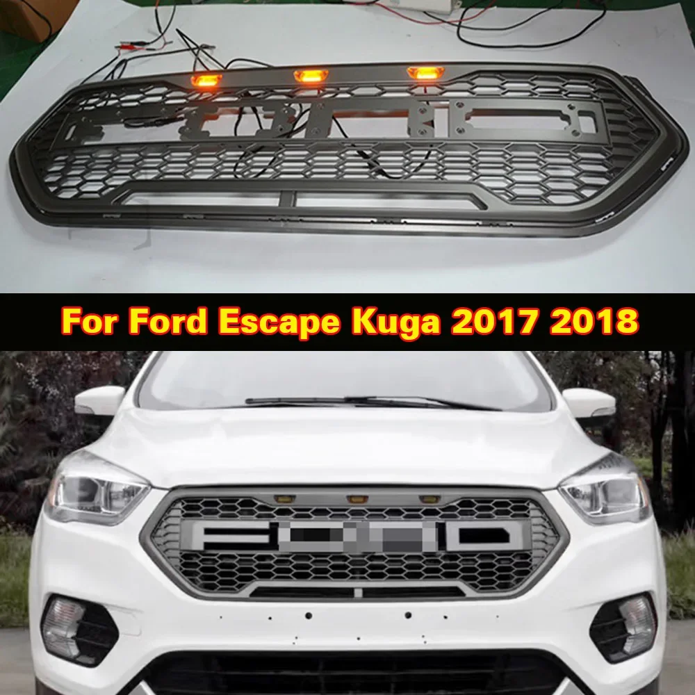 Front Racing Grille With LED Lights For Ford Escape Kuga 2017 2018 High Quality ABS Front Middle Grille