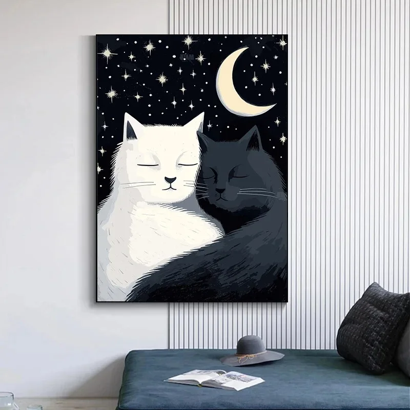 Lovely Black and White Cats Embrace Under The Moon Wall Art Print Canvas Painting Posters for Living Room Modern Home Decor