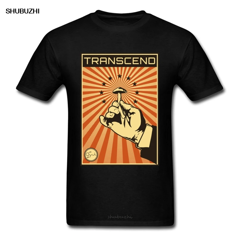 Transcend Funny Men Black T-shirt Vintage Poster Print Male T Shirts Hand & Mushroom Cartoon Tee Wholesale