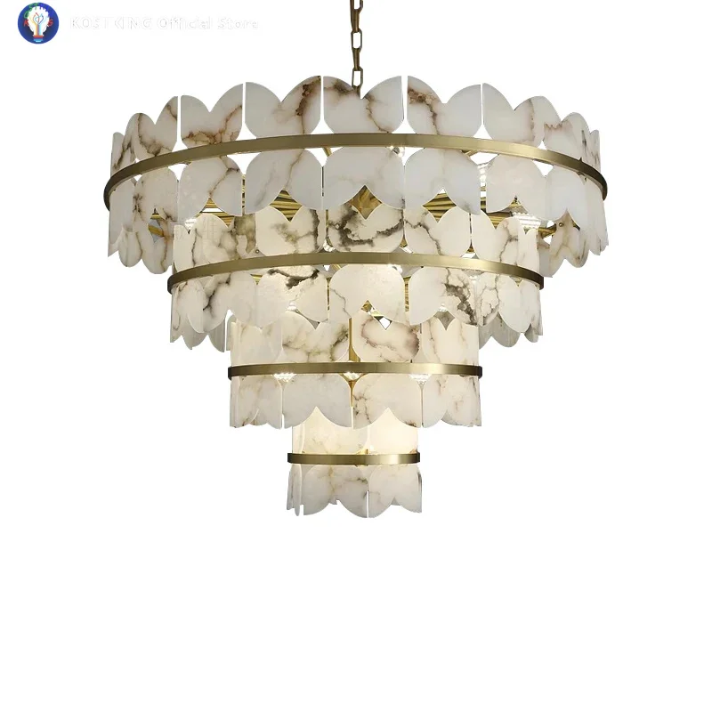 Get This Large Marble Ceiling Chandelier Lights for Circular Stair Decoration, Dining Room Luxury Alabaster Chandeliers Nordic