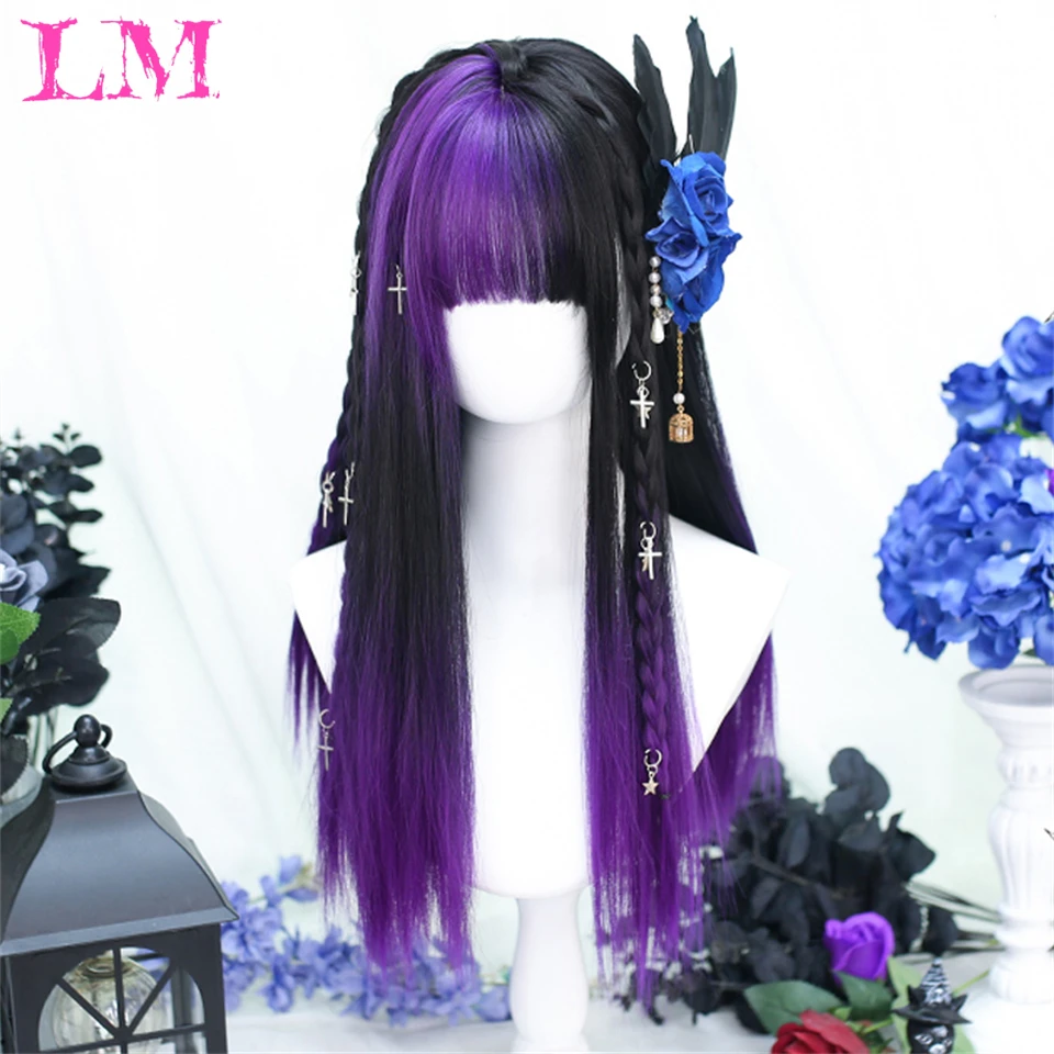 LM Synthetic Wigs Purple With Bangs for Women Long Wavy Straight Hair Wig Natural Cosplay Party Heat Resistant