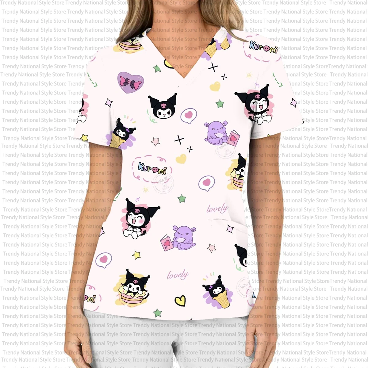 ファッション女性用作業服ファインマットトップ、ハローキティVネックポケットTシャツ、パーソナライズプリント入りビューティーサロンTシャツ