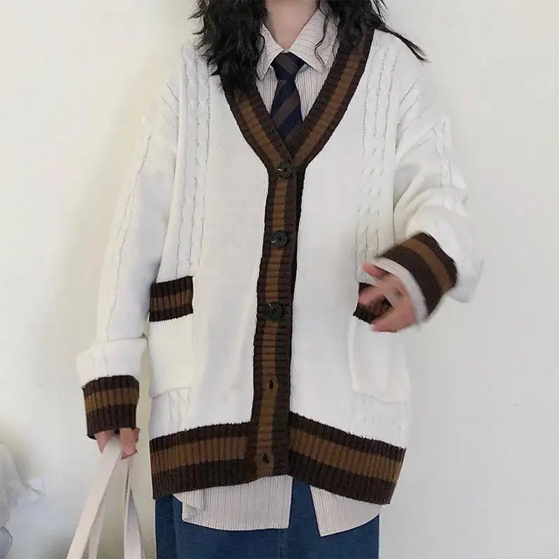 Deeptown Korean Style Sweater Knitted Cardigan Women Vintage Patchwork Oversize Jumper Women Preppy Fashion V-neck Pocket Jacket