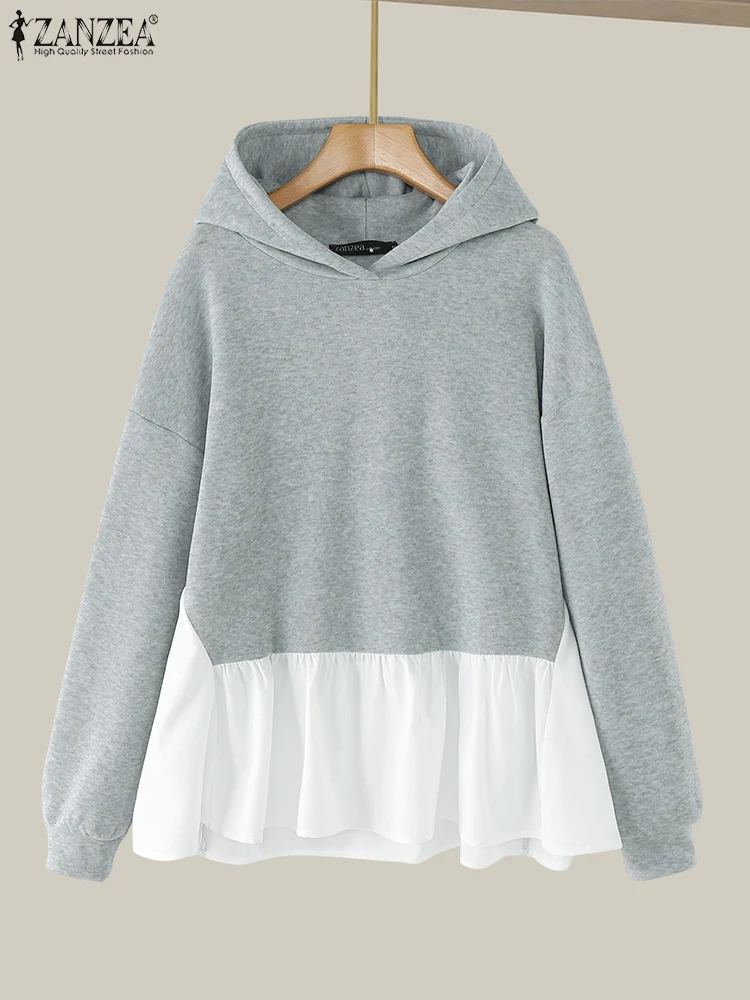 

ZANZEA 2025 Spring Long Sleeve Pullover Vintage Colorblock Tops Women Hooded Collar Hoodies Fashion Stitching Hem Sweatshirts