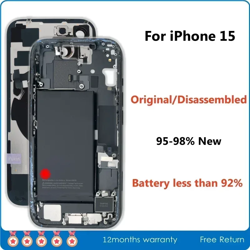 Original Disassembled Middle Housing, Back Cover Glass for iPhone 15 with Battery, NFC Wireless Assembly, 95% New