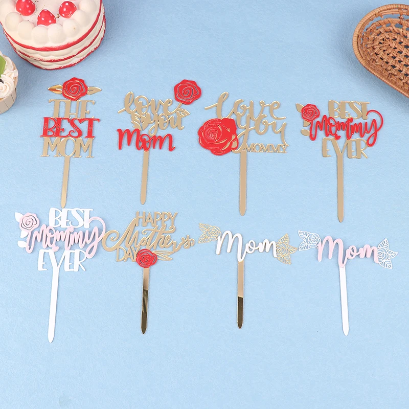 Gaya INS akrilik ganda warna emas Happy Mother Day merah mawar kue Toppers untuk Hari Ibu memanggang kue dekorasi makanan penutup