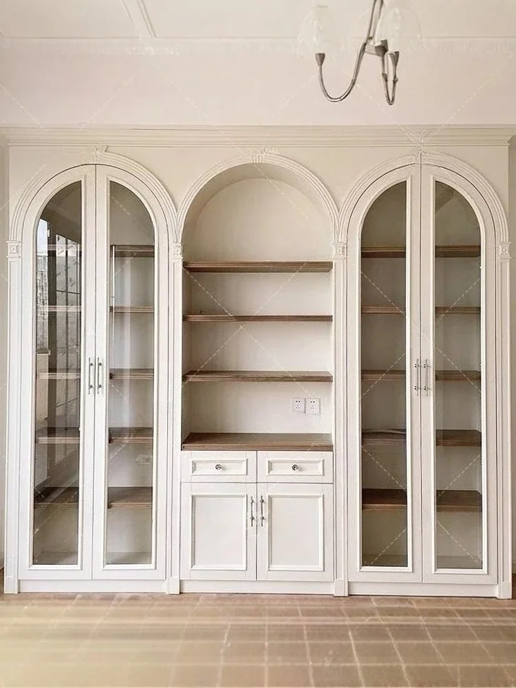 French retro arched bookcase, living room full wall cabinet, wine cabinet, embedded floor-to-ceiling bookshelf light luxury