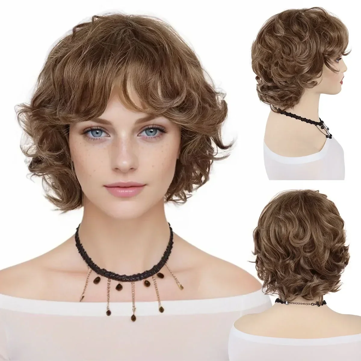 Synthetic Brown Curly Wigs for Women Short Cur Wig with Bangs Natural Hairstyles Mommy Wigs Casual Styles Old Lady Mother Wig