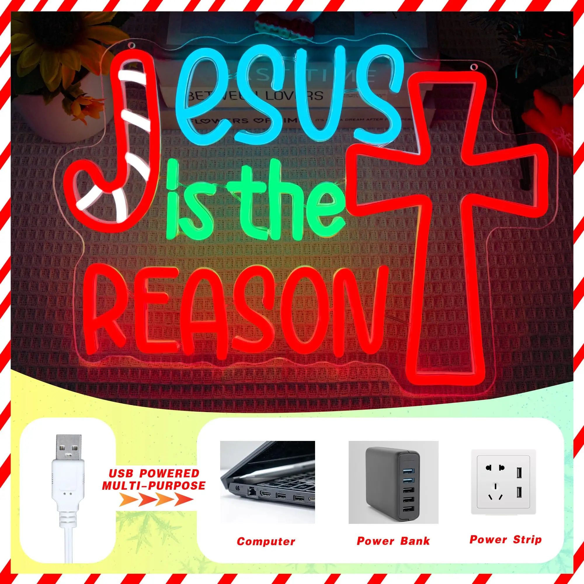 Неоновая вывеска «Иисус — это причина», красочная светящаяся вывеска с регулируемой яркостью, Рождественский декор для дома, церкви, праздничные подарки для вечеринок