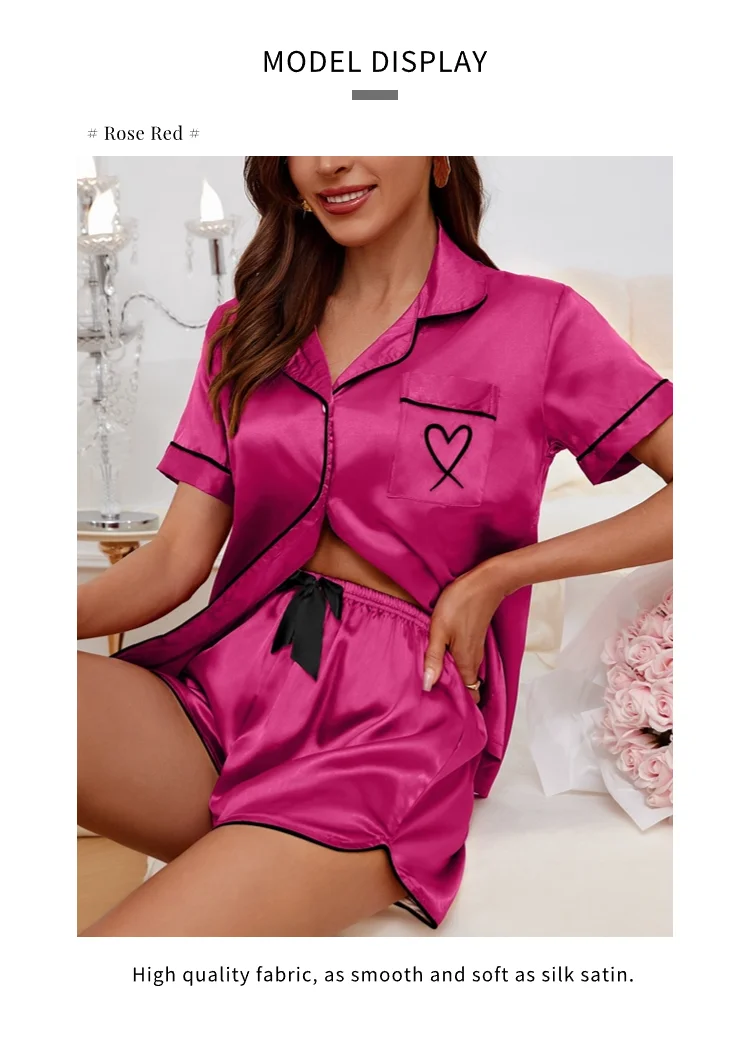 Luxus Satin Seide Damen Pyjama Set Kurzarm Nachtwäsche Freizeit Home Kleidung Nachtwäsche Bequeme Pyjamas für Frauen Pj Set – Detail 10
