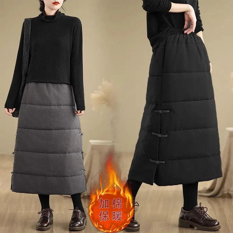 Fashionable Large Size Skirt 2024 Winter Artistic Cotton Padded Warm Versatile A-Line Buckle Straight Skirt Mujer Faldas A257