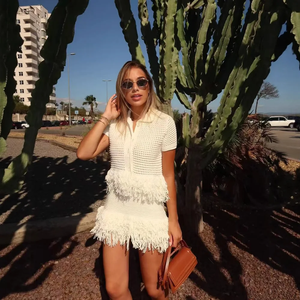 

Sexy Irregular Solid Knit Short Skirt Sets Women Chic Sleeveless Hollow Out Single Breasted Top 2 Piece Suit Holiday Street Wear