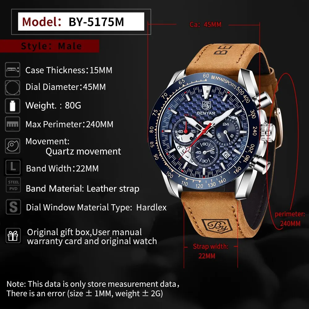 BENYAR Top Brand New Men Watches Leather Strap Luxury Waterproof Sport Quartz Chronograph Military Watch Men Clock Reloj Hombre