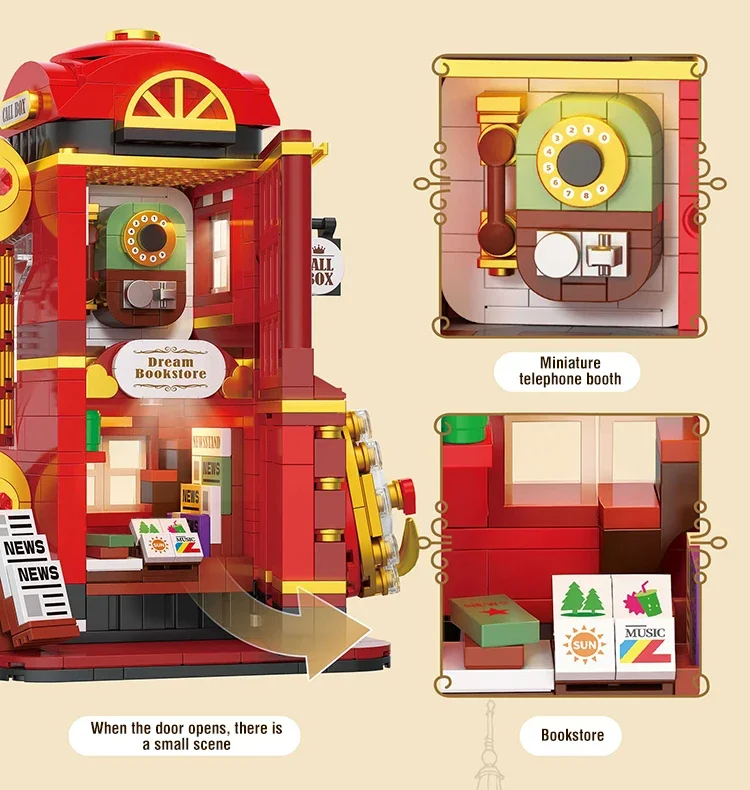 662 Stück Telefonzelle Bausteine Street View Architektur Kunststoff Modell Diy Montieren Ziegel Spielzeug Geschenk für Kind Mädchen Erwachsene