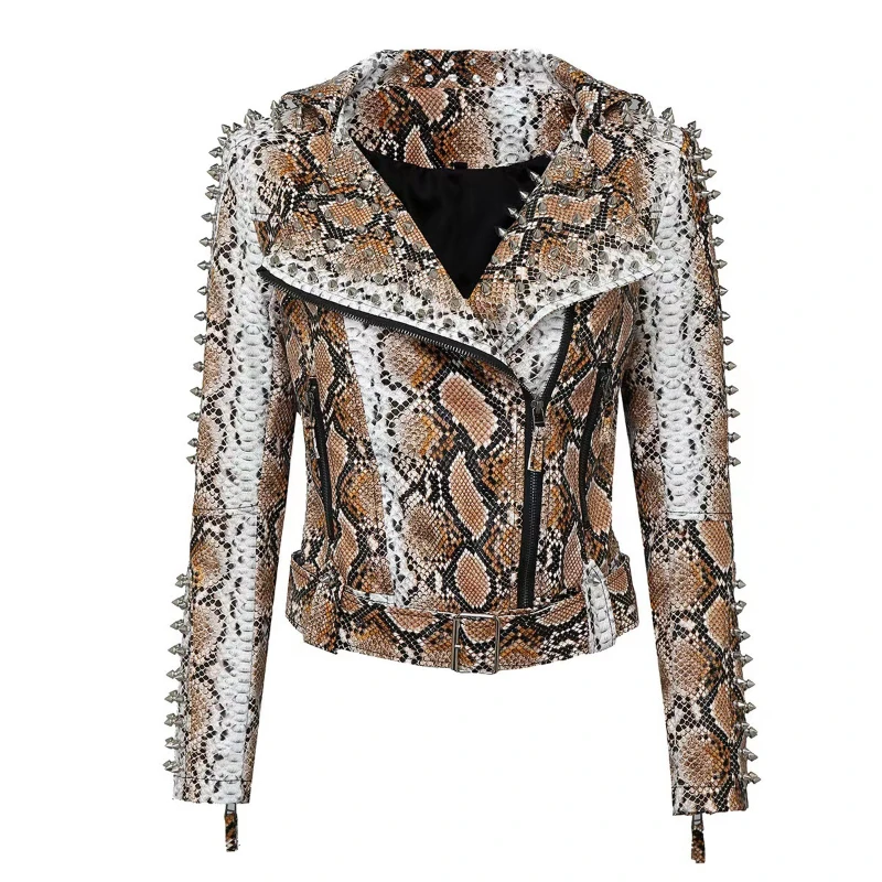 

Popular Rivets Pu Leather Short Long Sleeves Belt Biker Motor Jacket Women's Tops Plus Size