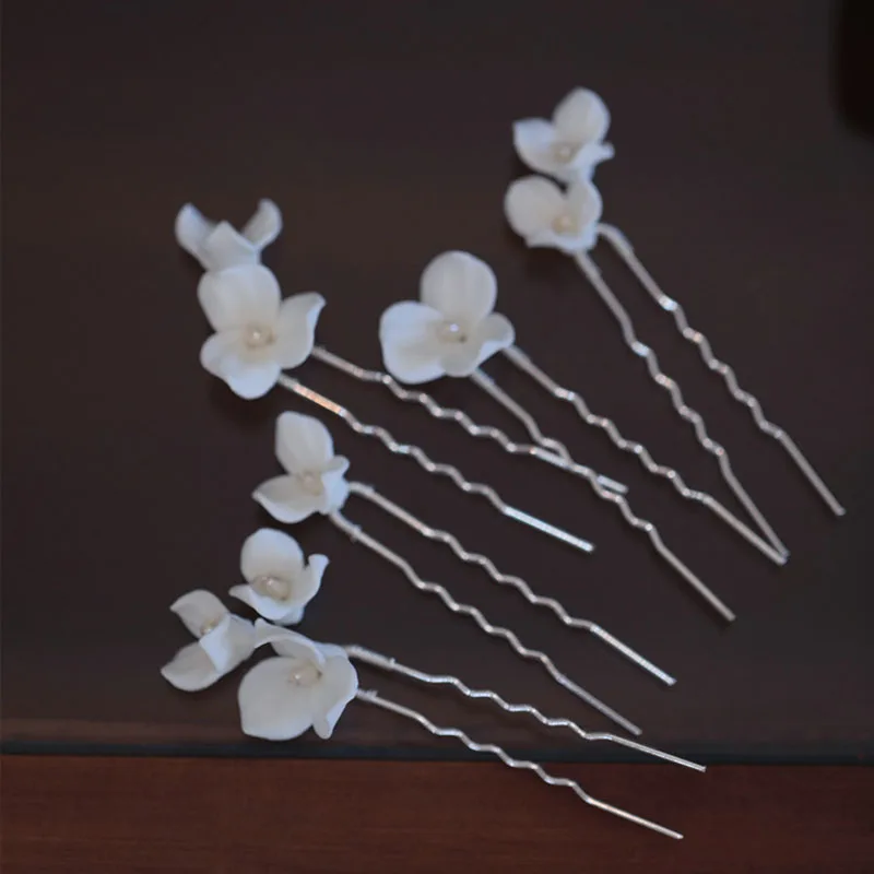 Fashion Ceramic Flower Bridal Clips Hair Pins Set Handmade Silver Color Wedding Women Headpiece Pearls Girls Hair Piece