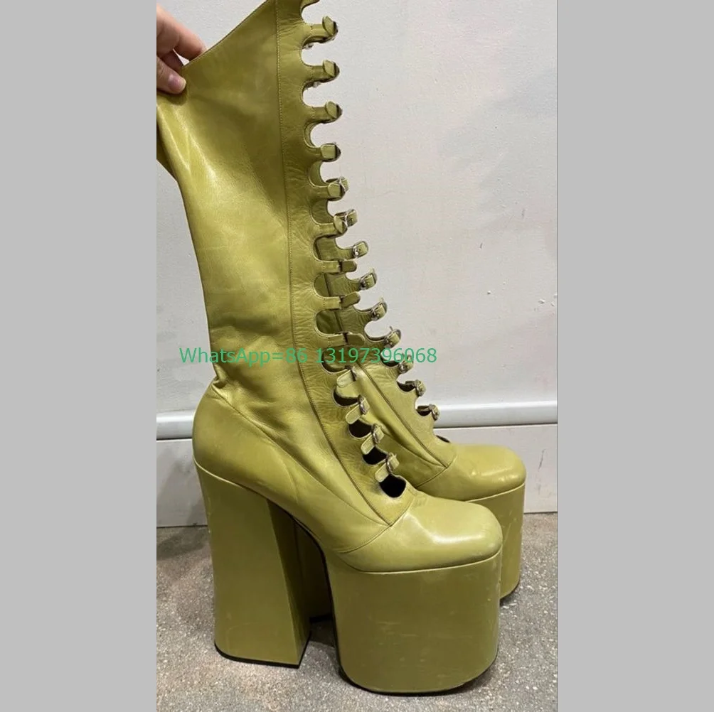 

Lady dark green color platform Mary Janes boots cut-out design chunky heel punk Y2K boots calf sexy square toe boots size 33-46