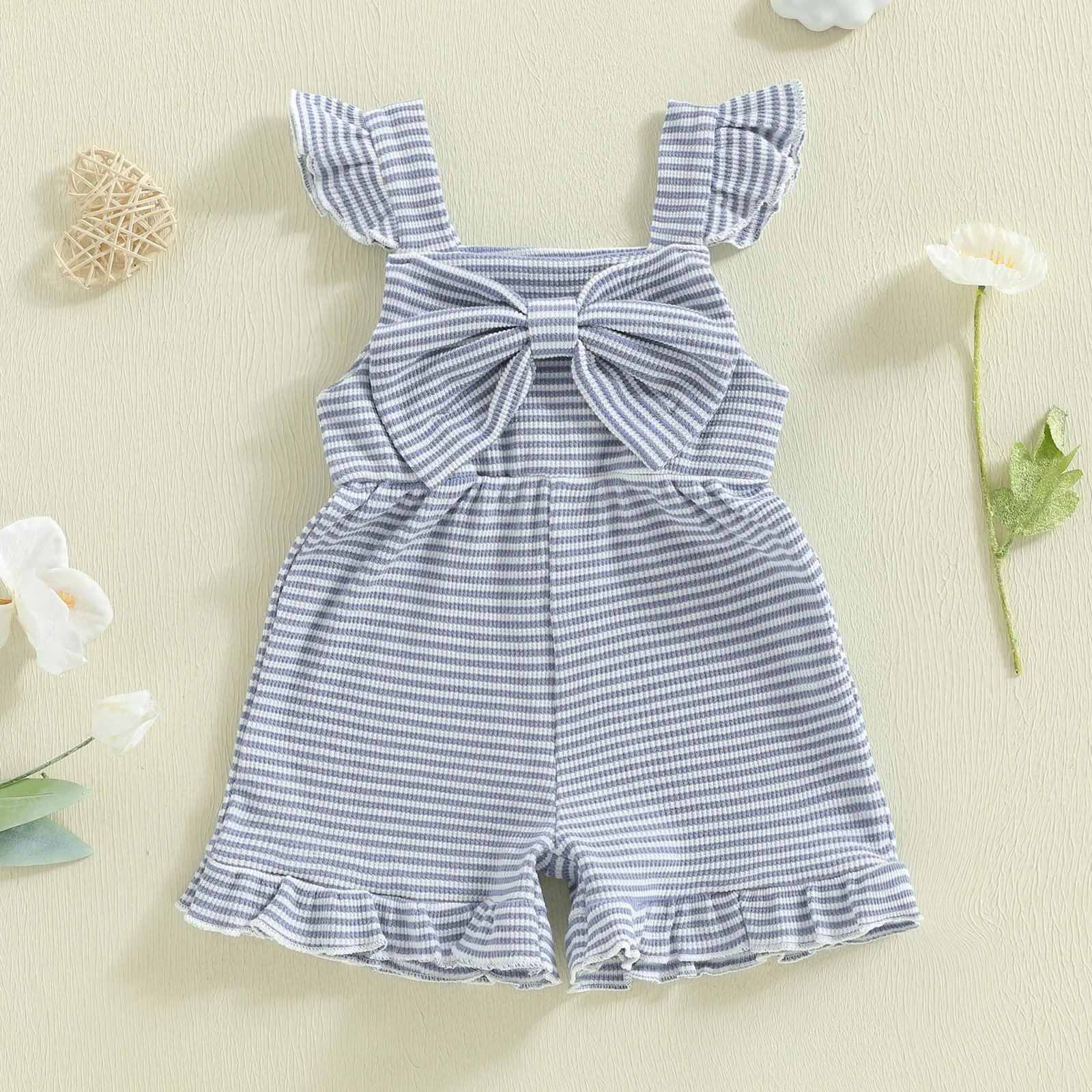 Summer Toddler Baby Girls Striped Jumpsuits Cute Sleeveless Square Collar Ruffles Bowknot Rompers Ruffles Shorts Overalls