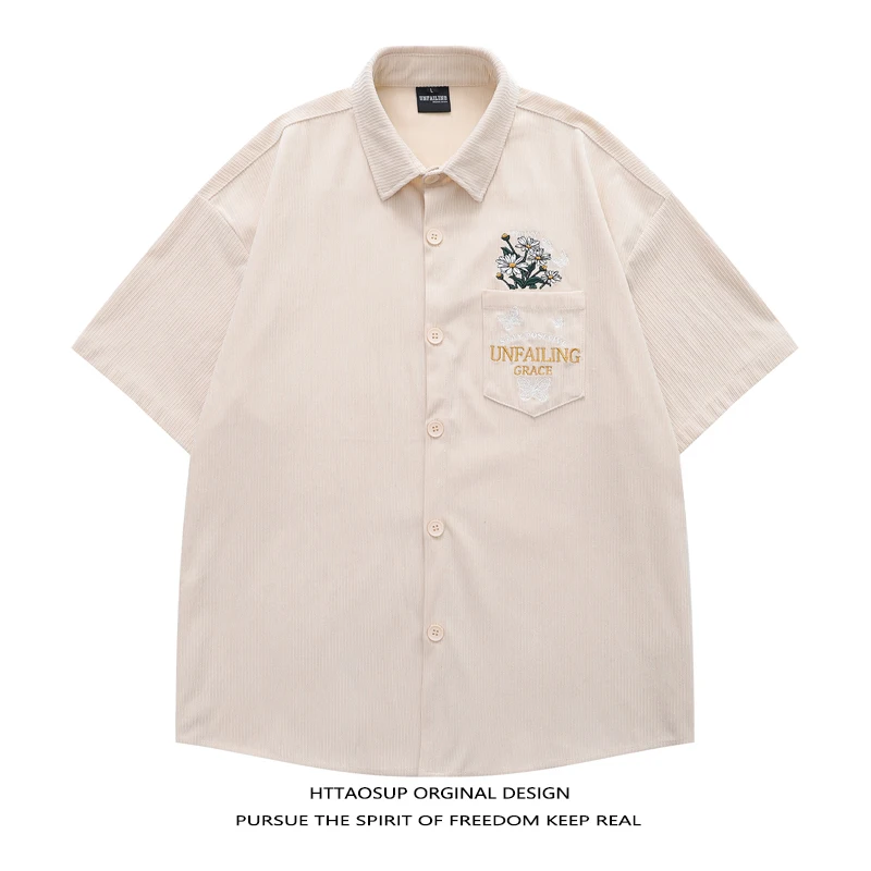 HTTAOSUP 2026 Men's Short Sleeve Embroidered Corduroy Shirt Casual Style Half Sleeve Design Summer Comfortable Polyester Fiber
