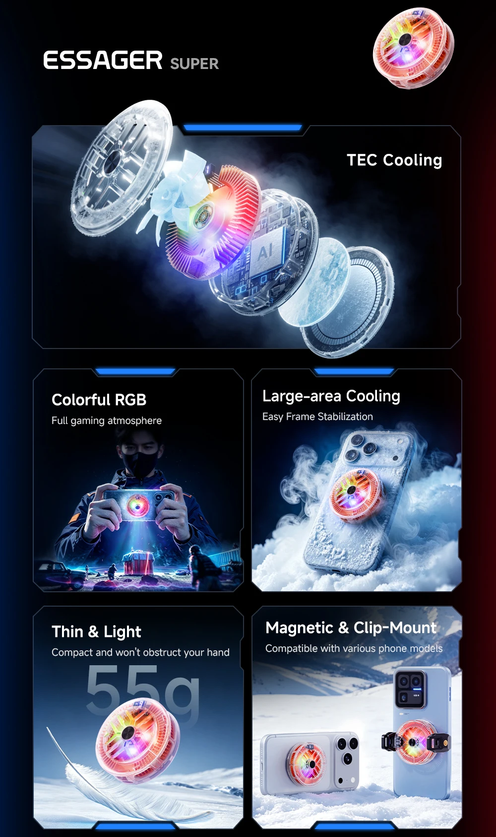 Essager Magnetischer Rückenclip 2-in-1 Telefonkühler Rückenclip Smart Digital Display RGB-Licht Geräuschloser Kühlventilator für iPhone Live – Detail 2