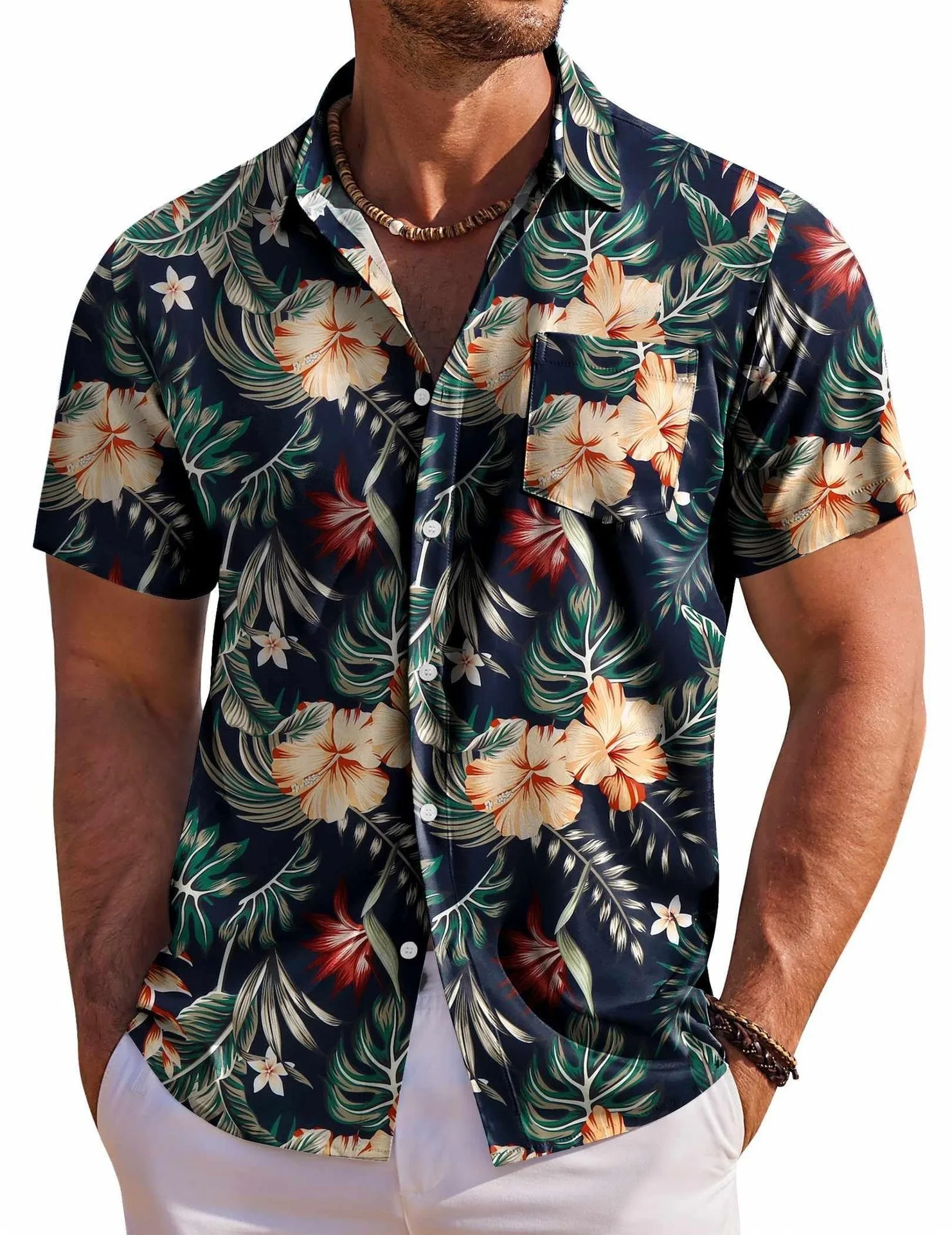 Black Background Colorful Parrot Hibiscus Flower Shirt Cool and Rugged Tropical Animal Print Youth Loose Short Sleeved Shirt