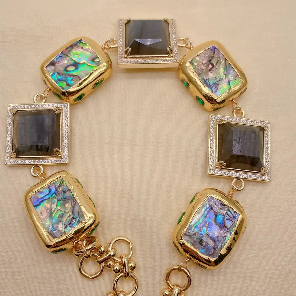 Y·YING Multi Color Abalone Shell Labradorite Square Cz Pave Gold Plated Chain Choker Necklace