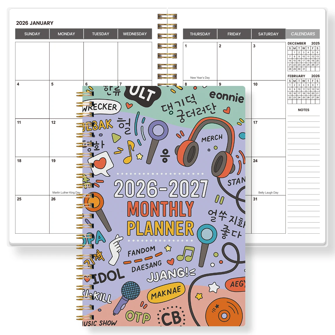 2026-2027 مخطط شهري A5، ملزمة حلزونية، غطاء خربش K-pop، منظم تقويم لمدة 24 شهرًا مع ورق سميك غير منتفخ