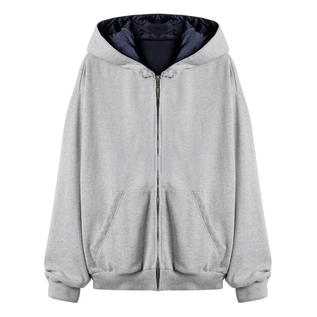 Grey navy blue color blocked double-sided hooded jacket #S4161