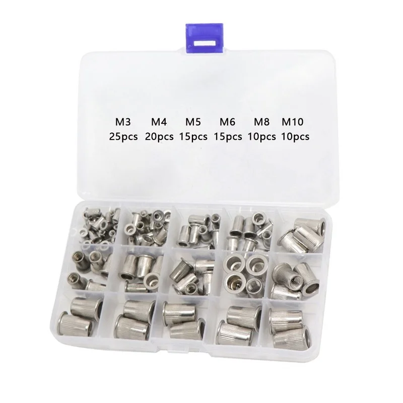 95pcs M3 M4 M5 M6 M8 M10 Rivet Nuts Aluminum Flat Head Rivet Nuts Set Insert Rivets Mix Size Automatic Rivet Tool Set